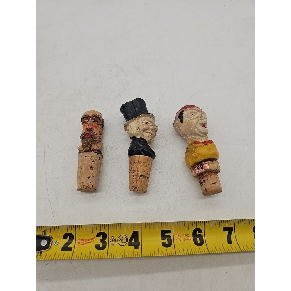 Vintage Hand Carved Wooden Wine Bottle Stopper Caricature Man‎ with Hat Lot Of 3